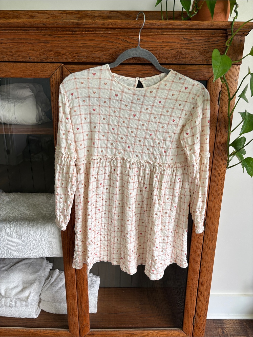 Cream Baby Doll Dress with Pink Heart Gingham